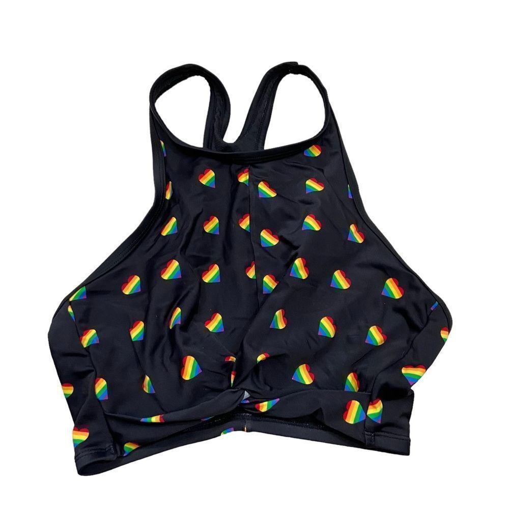 Sirena‎ Brand Black Bikini Top with rainbow Hearts High Neck Size Small